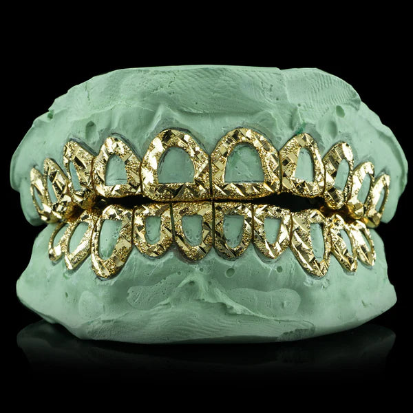 SOLID GOLD OPEN FACE DIAMOND CUT WITH DIAMOND DUST GRILLZ TOP 4 & BOTTOM 4